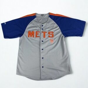 NY Mets Baseball Jersey Shirt Stitches Gray‎ Blue Button Front MLB Fanwear Large